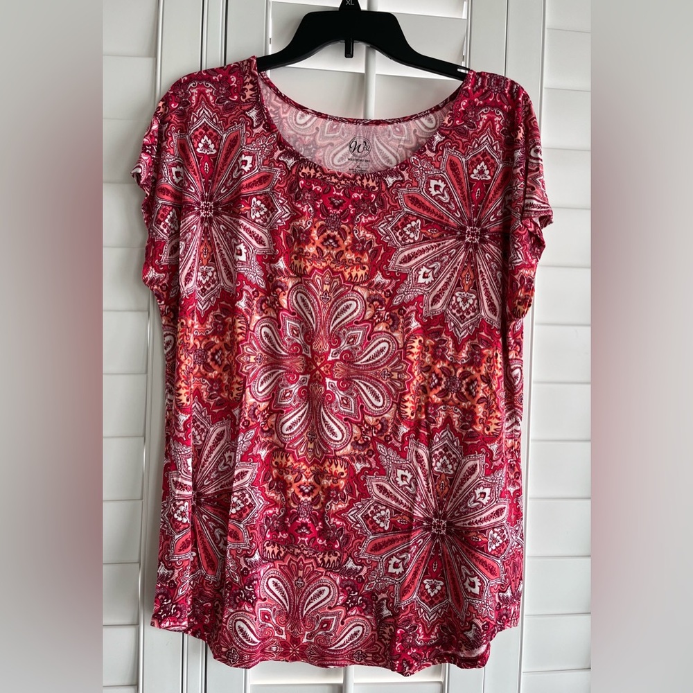 WESTPORT 1962 Red Patterned Short Sleeve Scoop Neck T-Shirt Size XL